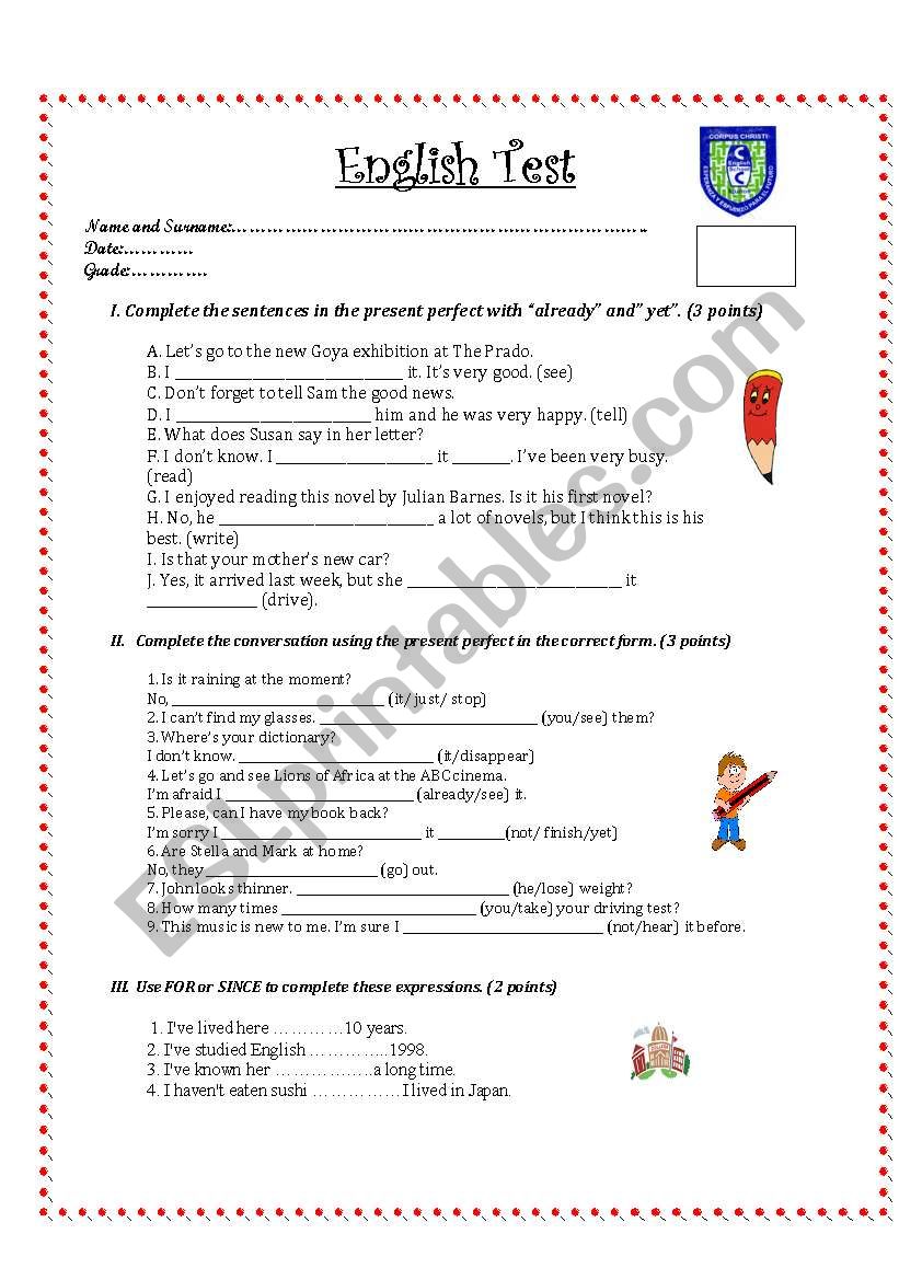 Present Perfect Test worksheet