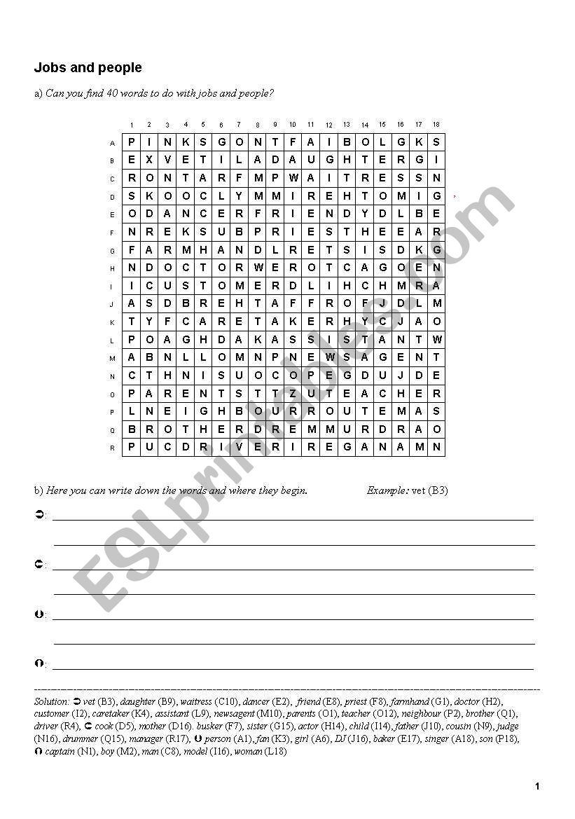 Wordsearch: Jobs and people worksheet