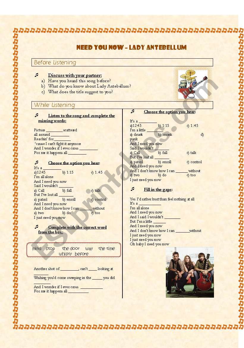 NEED YOU NOW-Lady Antebellum. Listening/Reading activity