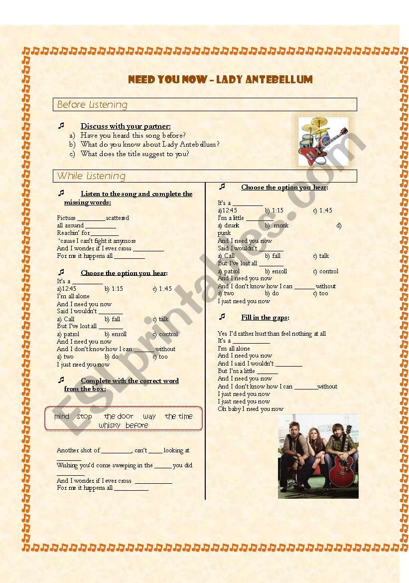 NEED YOU NOW-Lady Antebellum. Listening/Reading activity