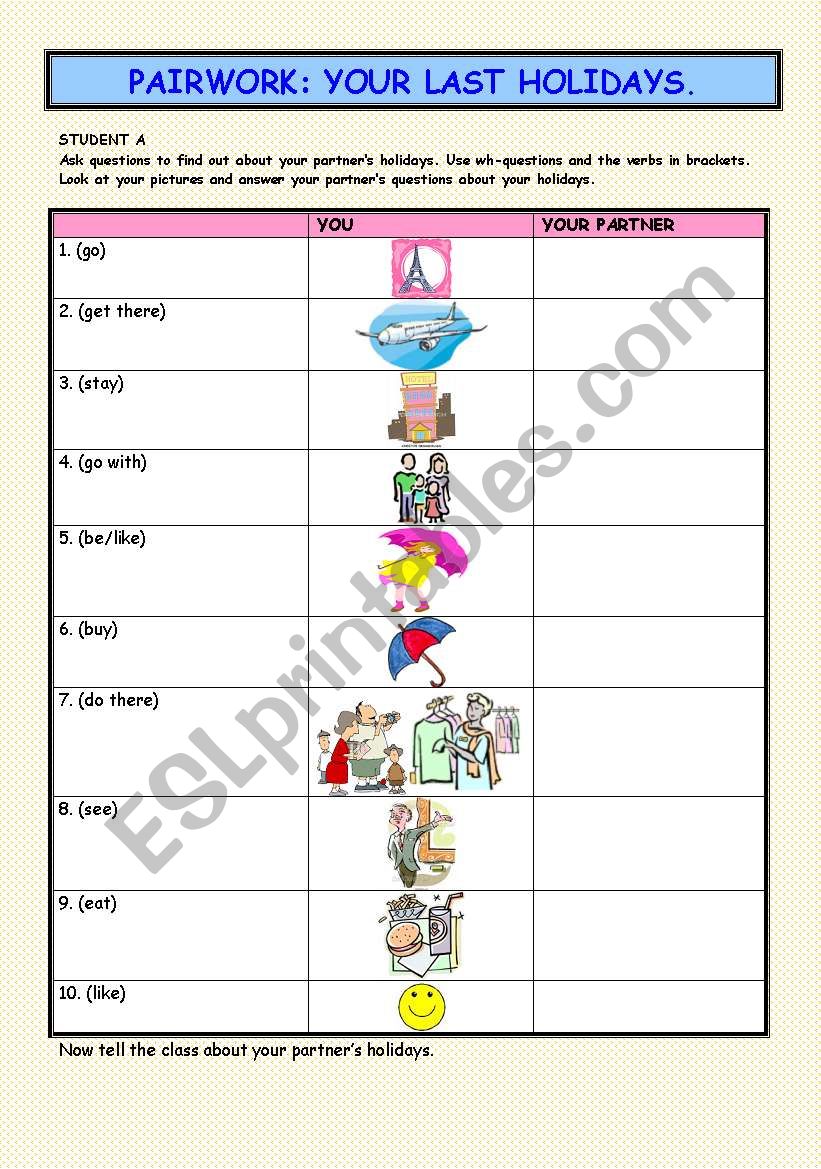 PAIRWORK: YOUR LAST HOLIDAYS worksheet