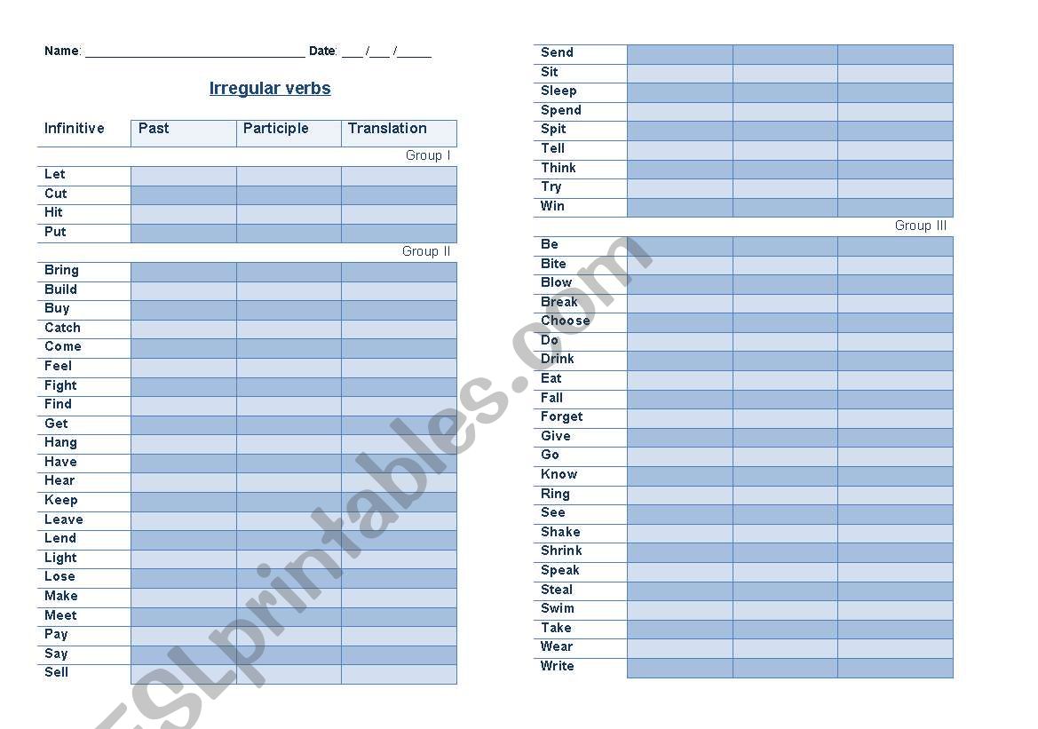 Irregular Verbs chart worksheet