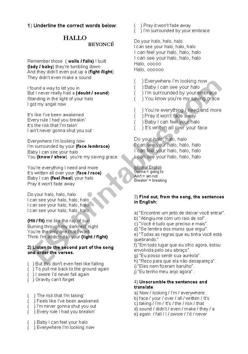 song halo worksheet