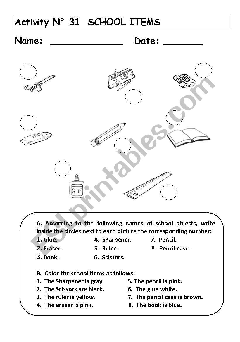 SCHOOL ITEMS worksheet