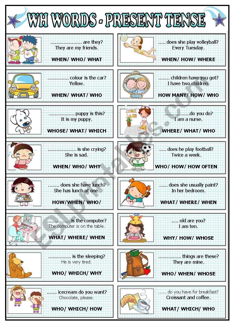 WH words present tense, multiple choice (BW+key) for beginners