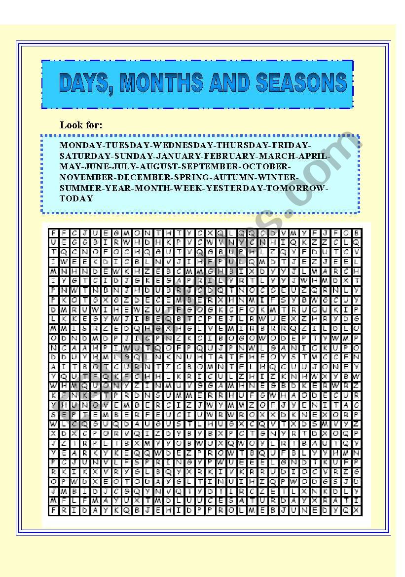 DAYS, MONTHS, SEASONS WORDSEARCH