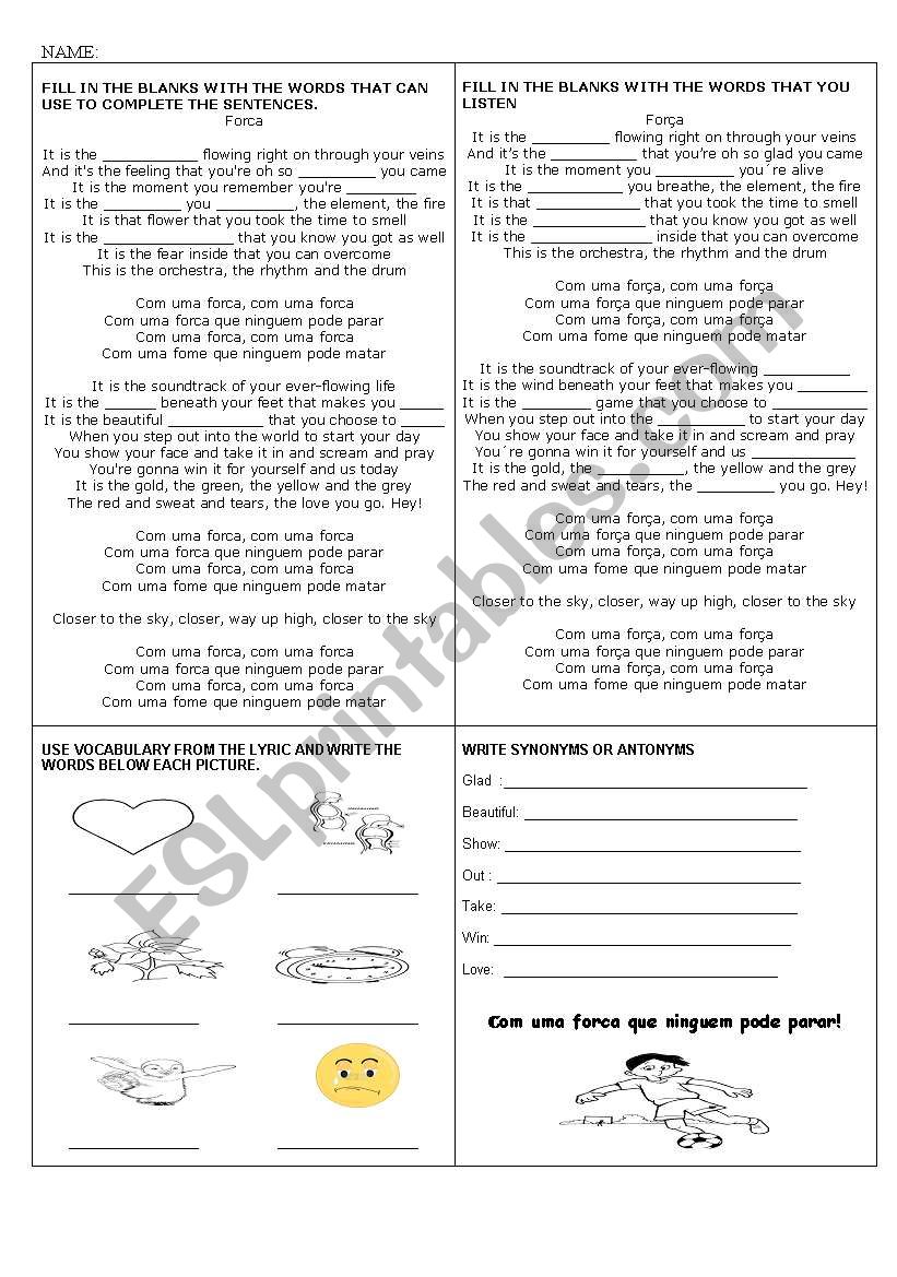 Forca song and activites worksheet