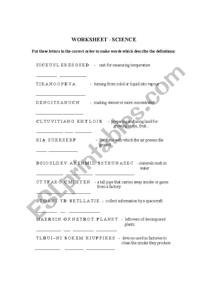 Vocabulary - Science worksheet
