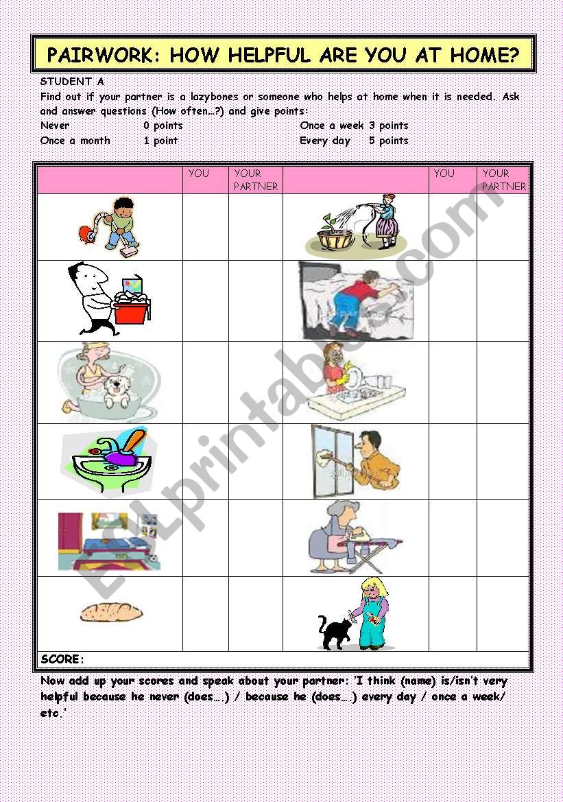 PAIRWORK: HOW HELPFUL ARE YOU AT HOME? (HOUSEWORK AND FREQUENCY EXPRESSIONS, PRESENT SIMPLE)