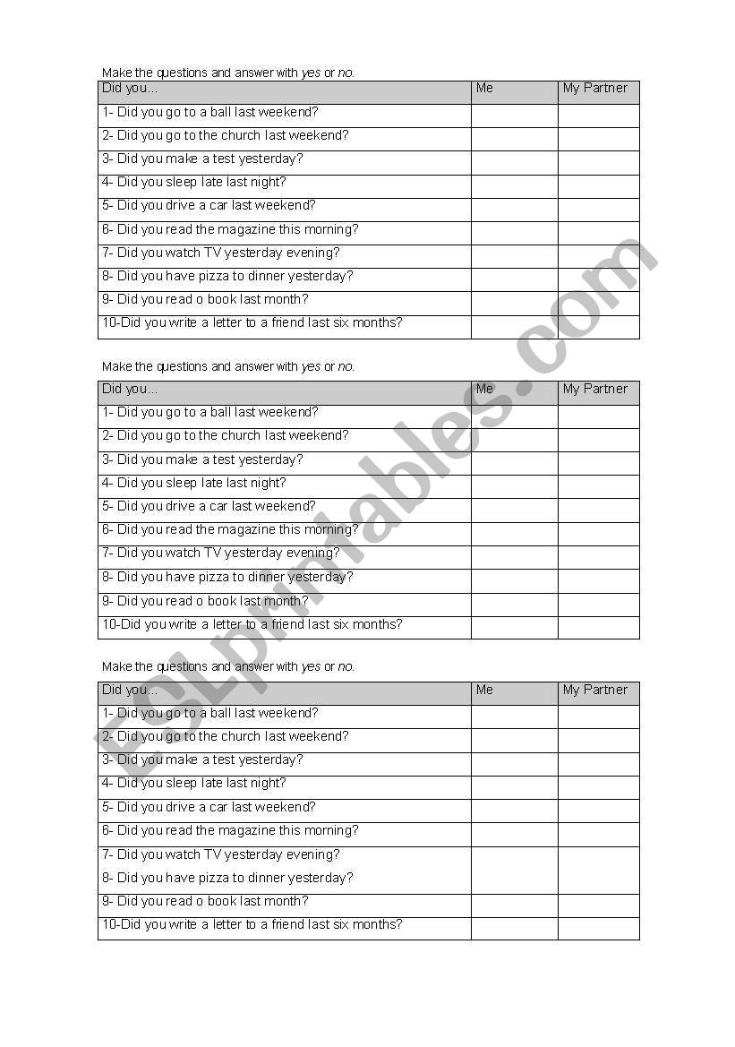 Past activities worksheet