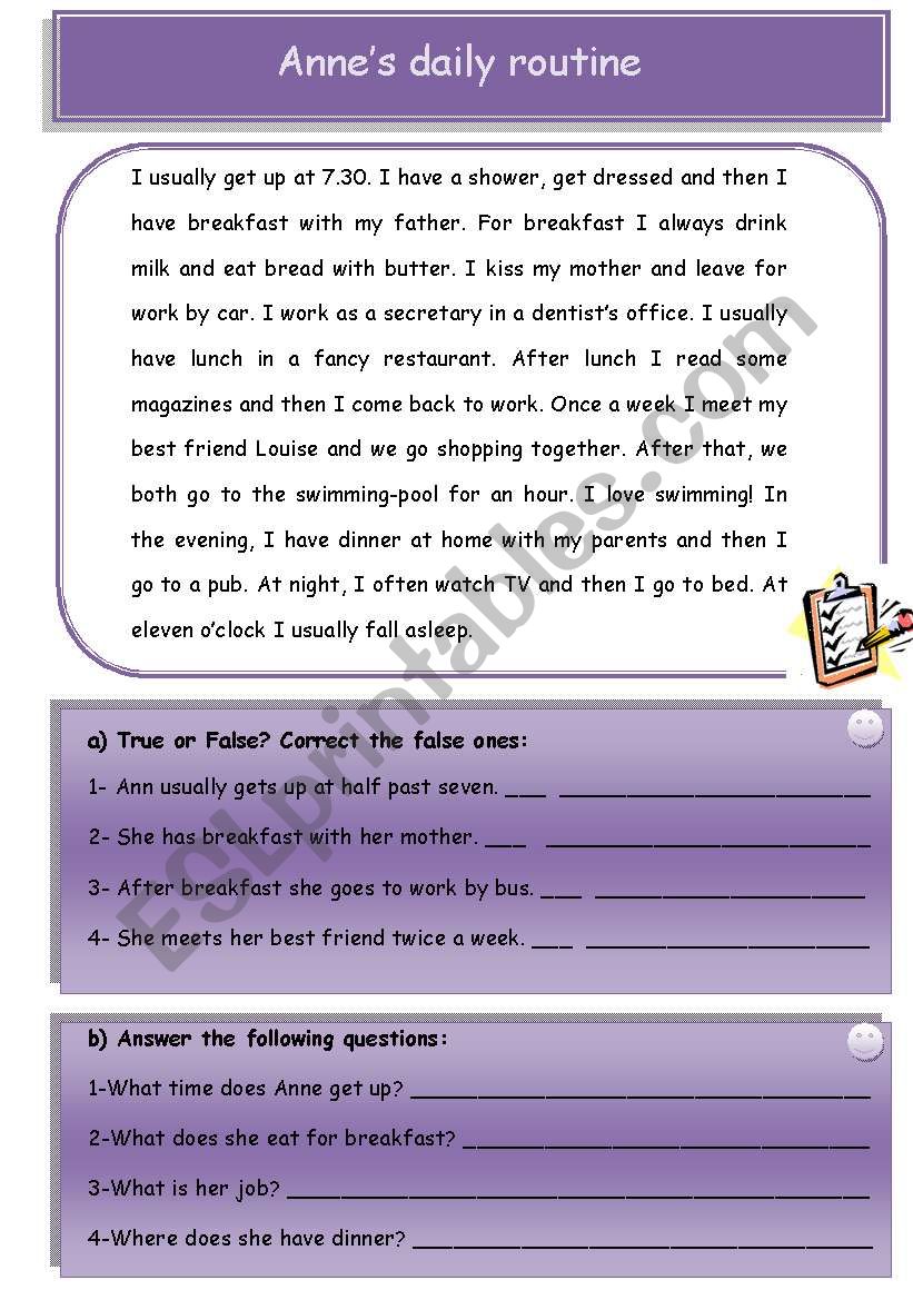 Annes daily routine (test, exercises, grammar) 2 pages fully editable