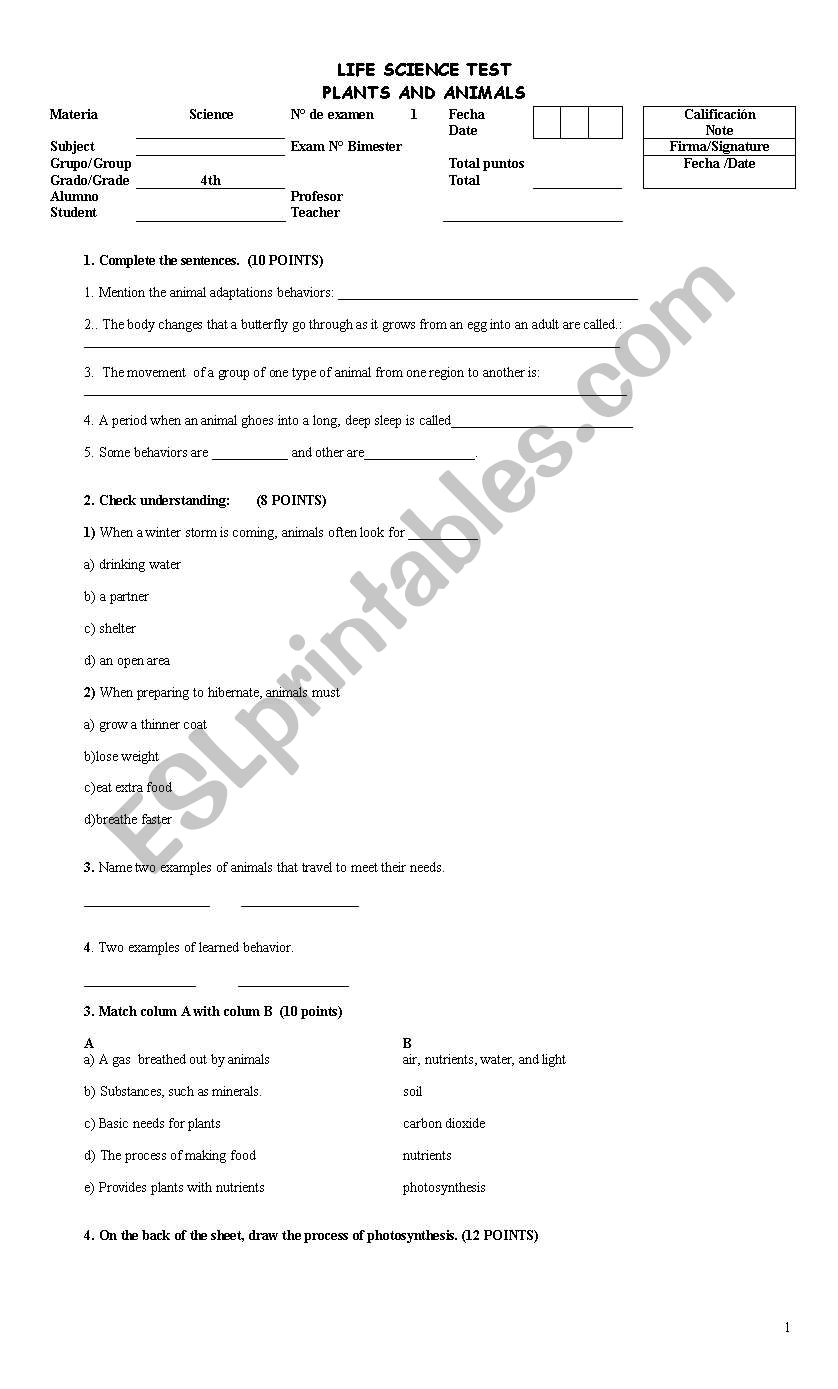 LIFE SCIENCE TEST worksheet