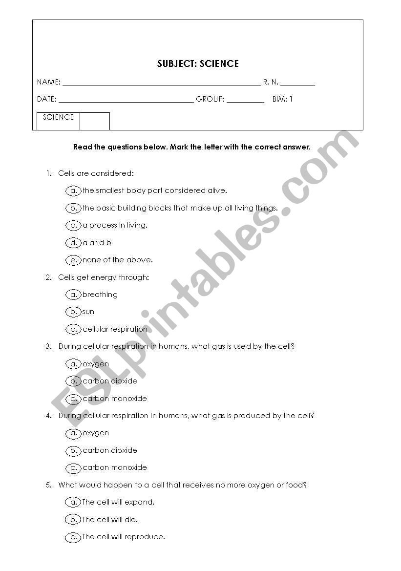 Cells and Body Systems Bimonthly Exam