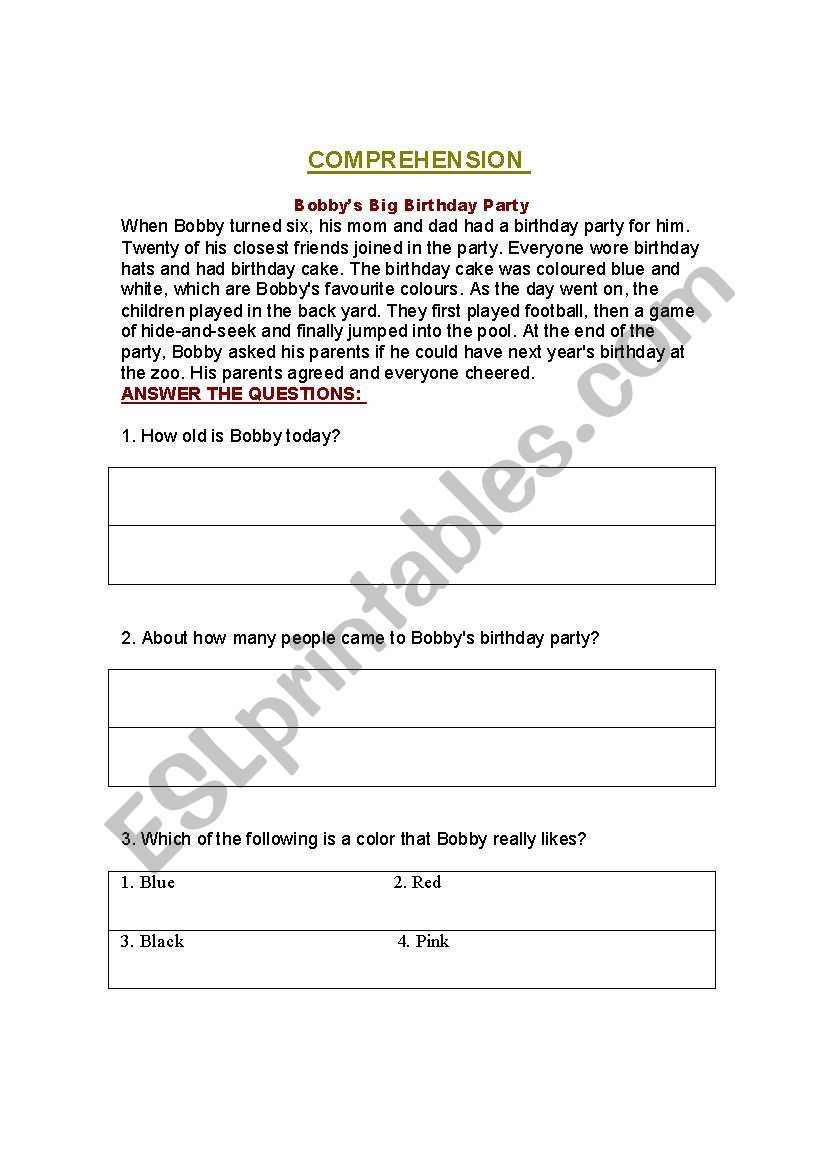 reading comprehension worksheet