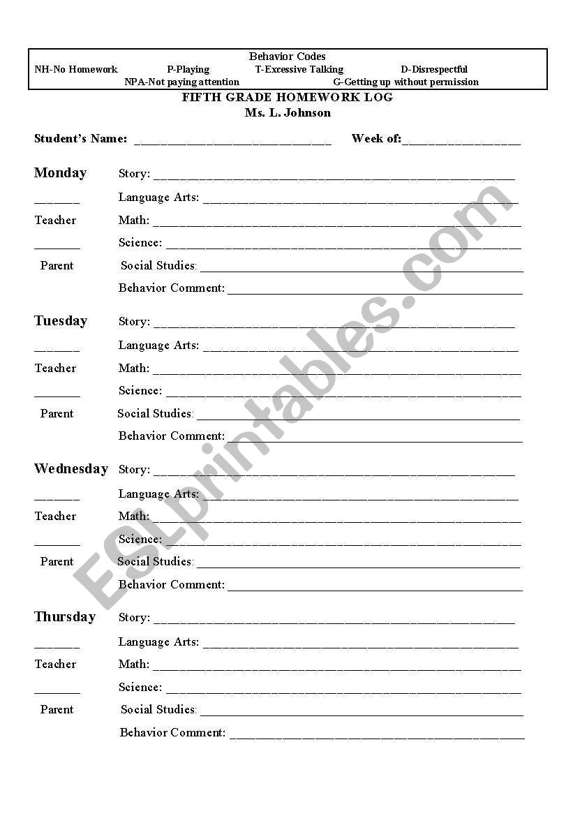 Homework Log worksheet