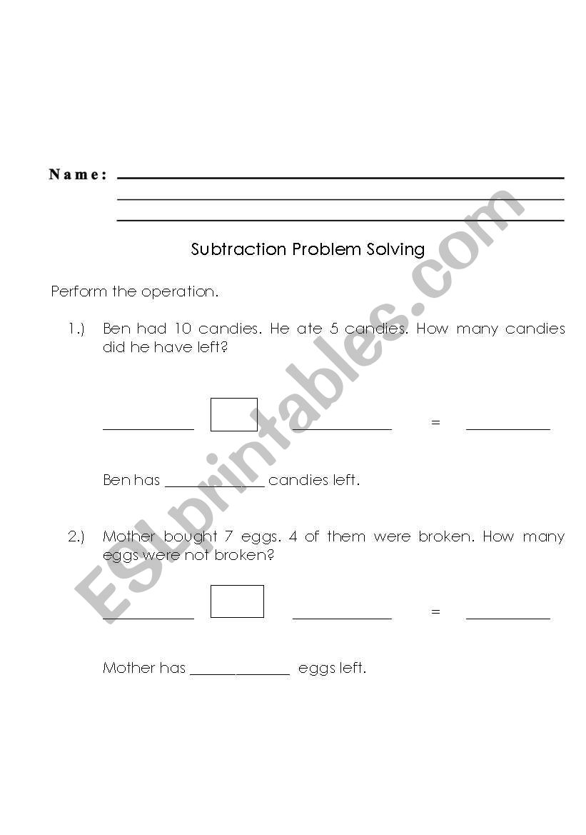 subtraction problem solving worksheet