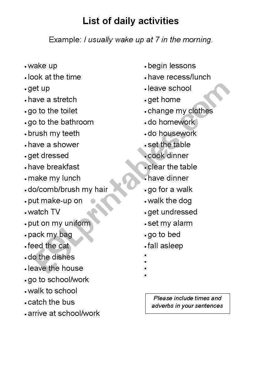 list of daily activities worksheet