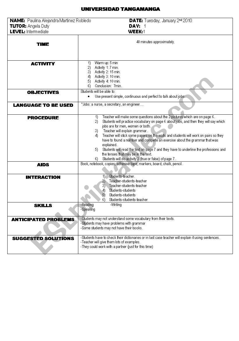 Lesson plan number 1 worksheet