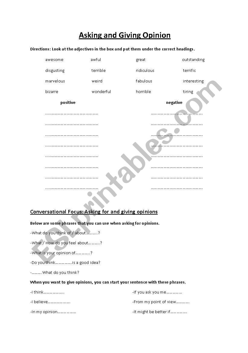asking and giving opinion worksheet
