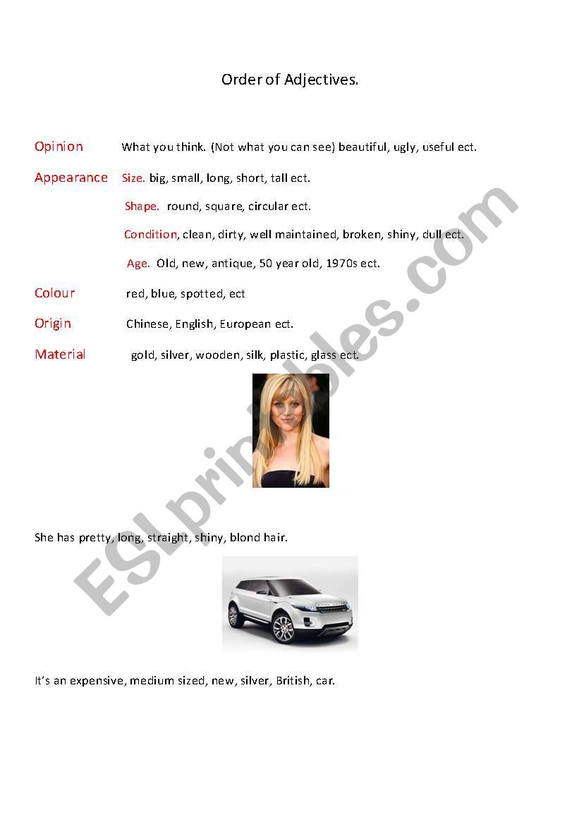 order of adjectives worksheet