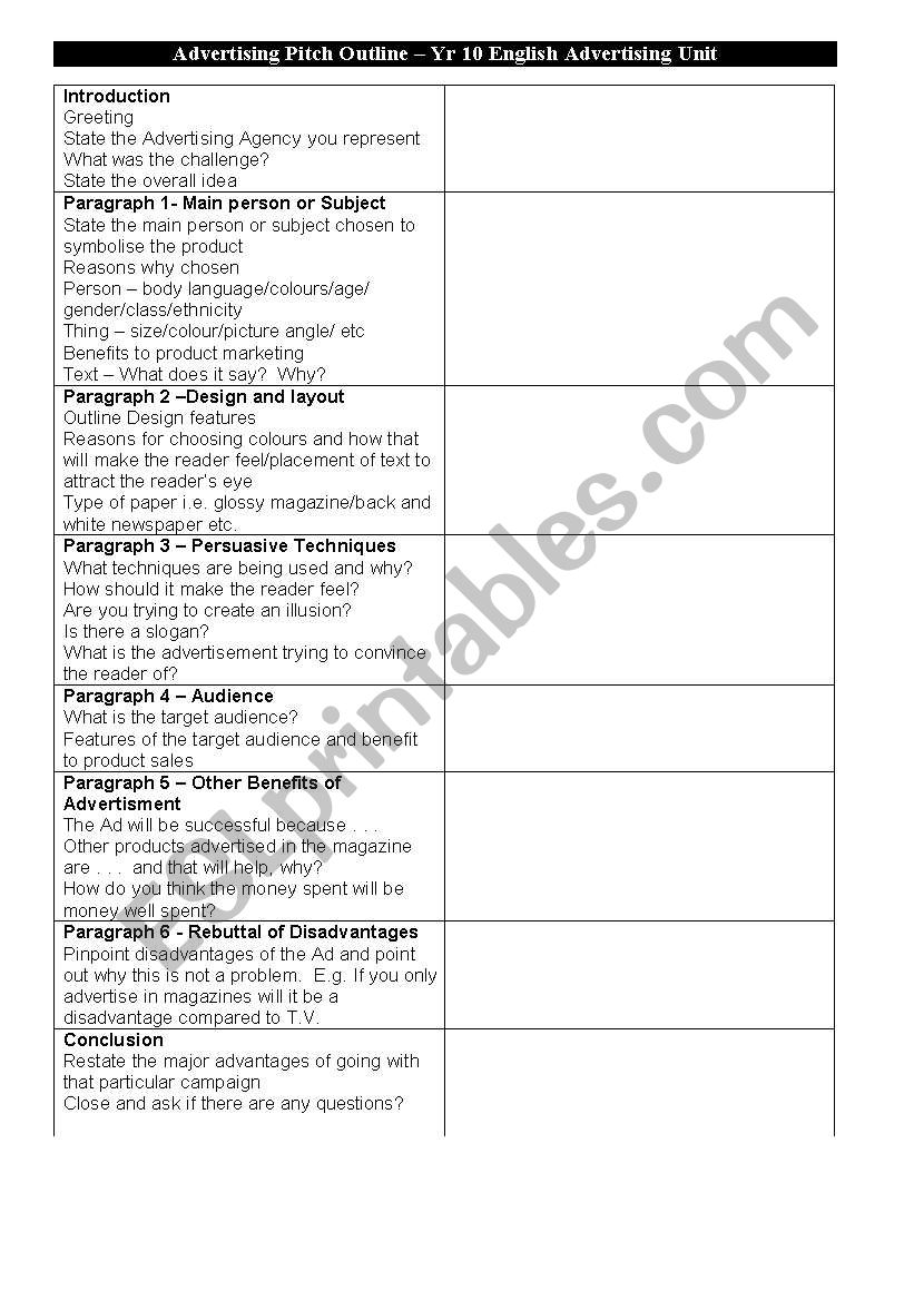 Advertising Pitch Outline worksheet