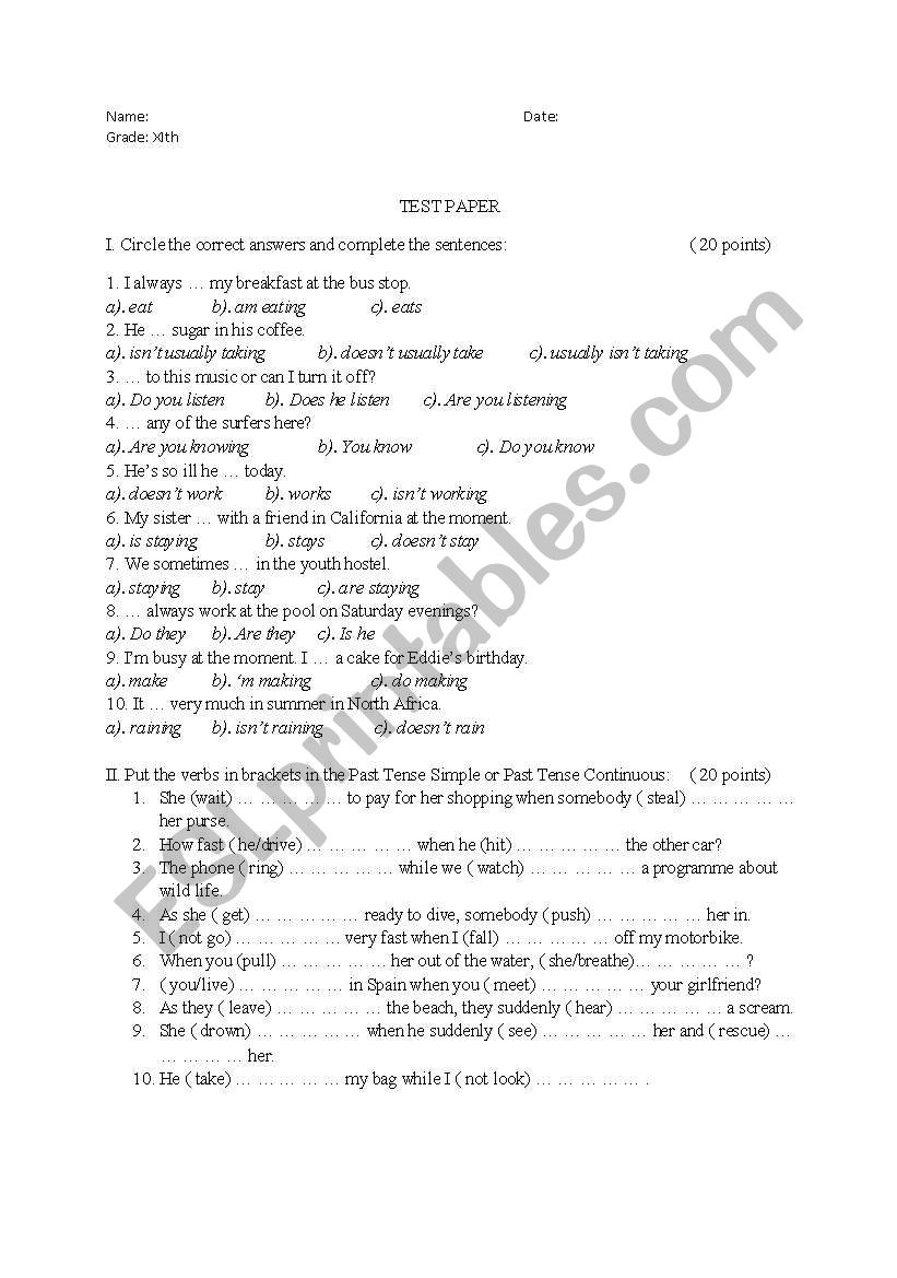 Test Paper worksheet