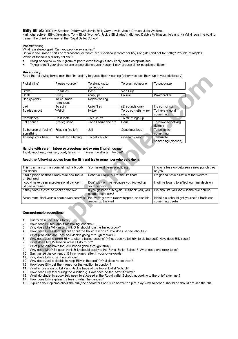 Billy Elliot worksheet