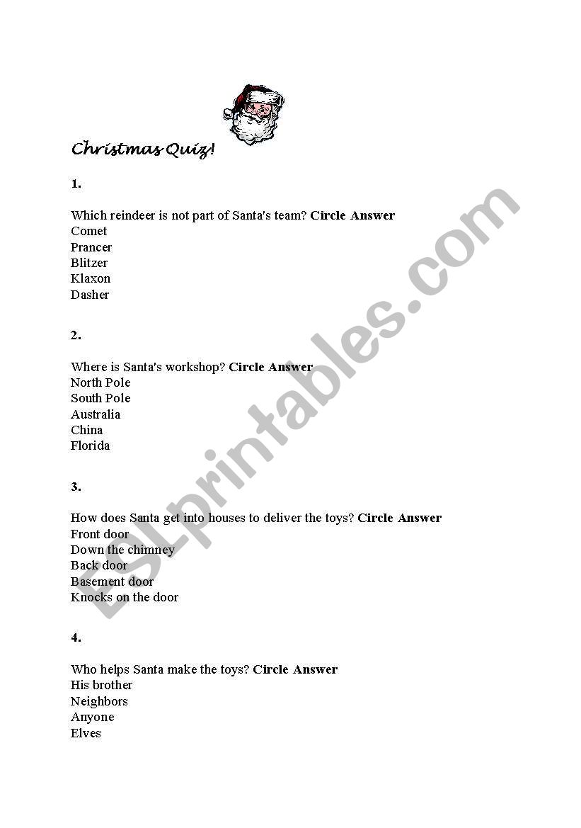 Christmas quiz worksheet