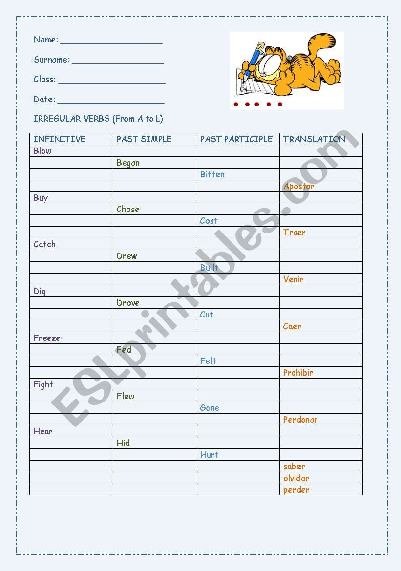 Irregular verbs exam (from A to L)