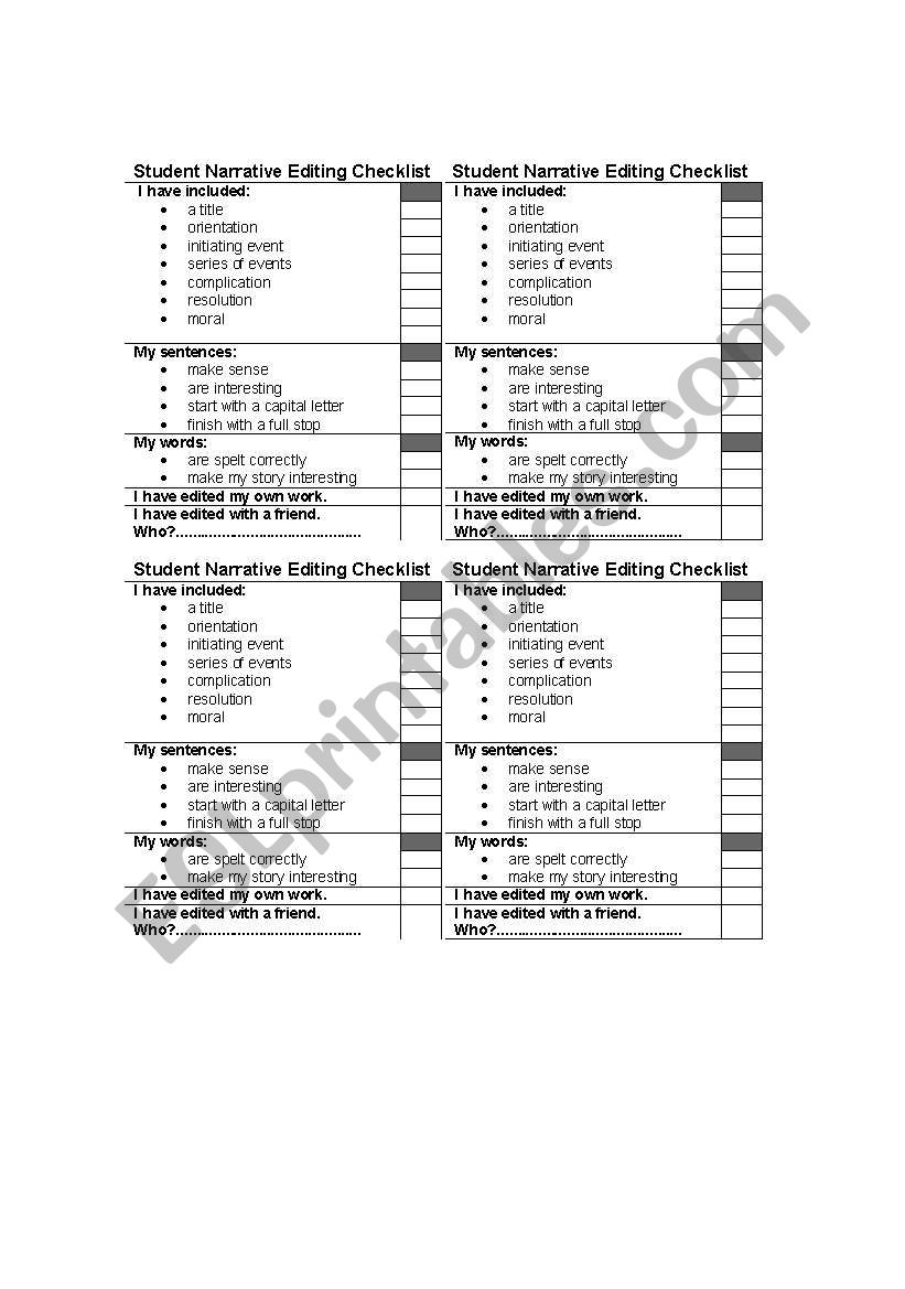 Student Narrative Writing Editing Checklist