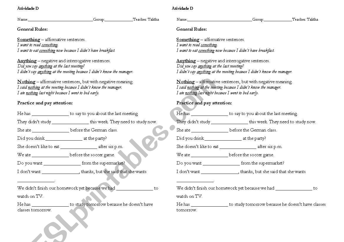 Something, anything, nothing worksheet