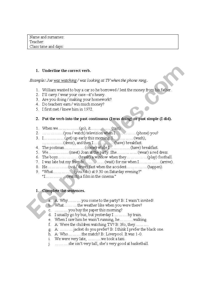 Verb tenses worksheet