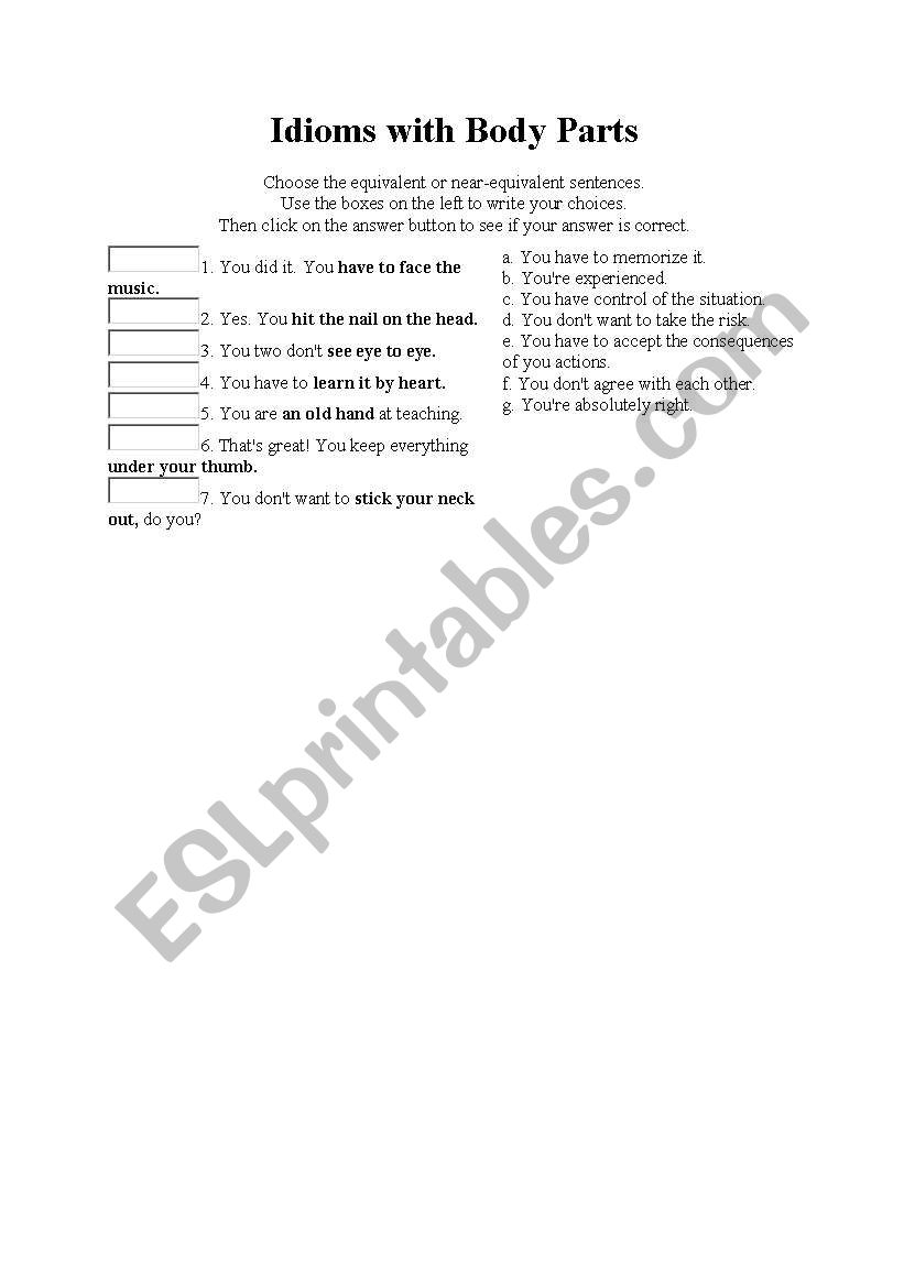 idioms with body parts worksheet