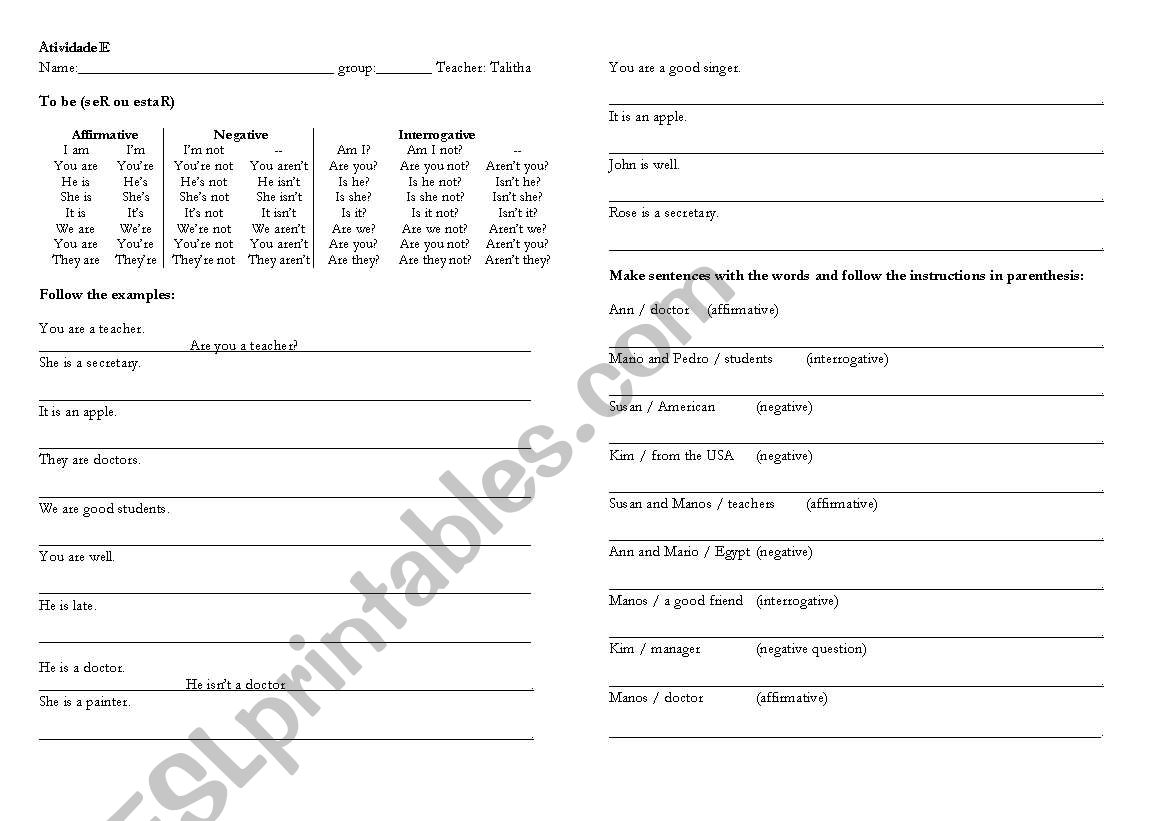 Verb to be worksheet