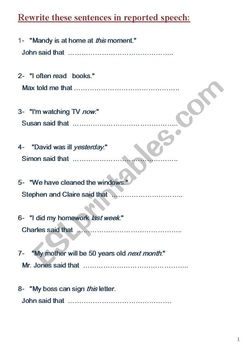 Reported speech worksheet