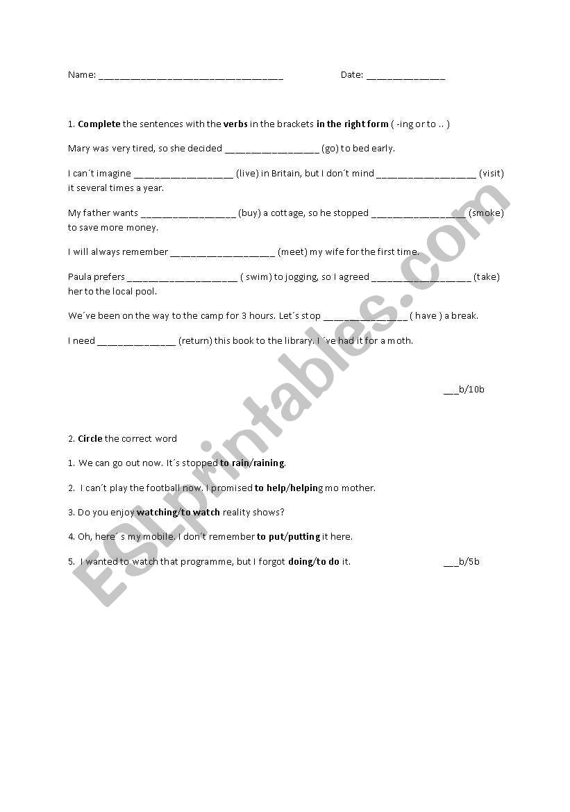 Verb patterns worksheet