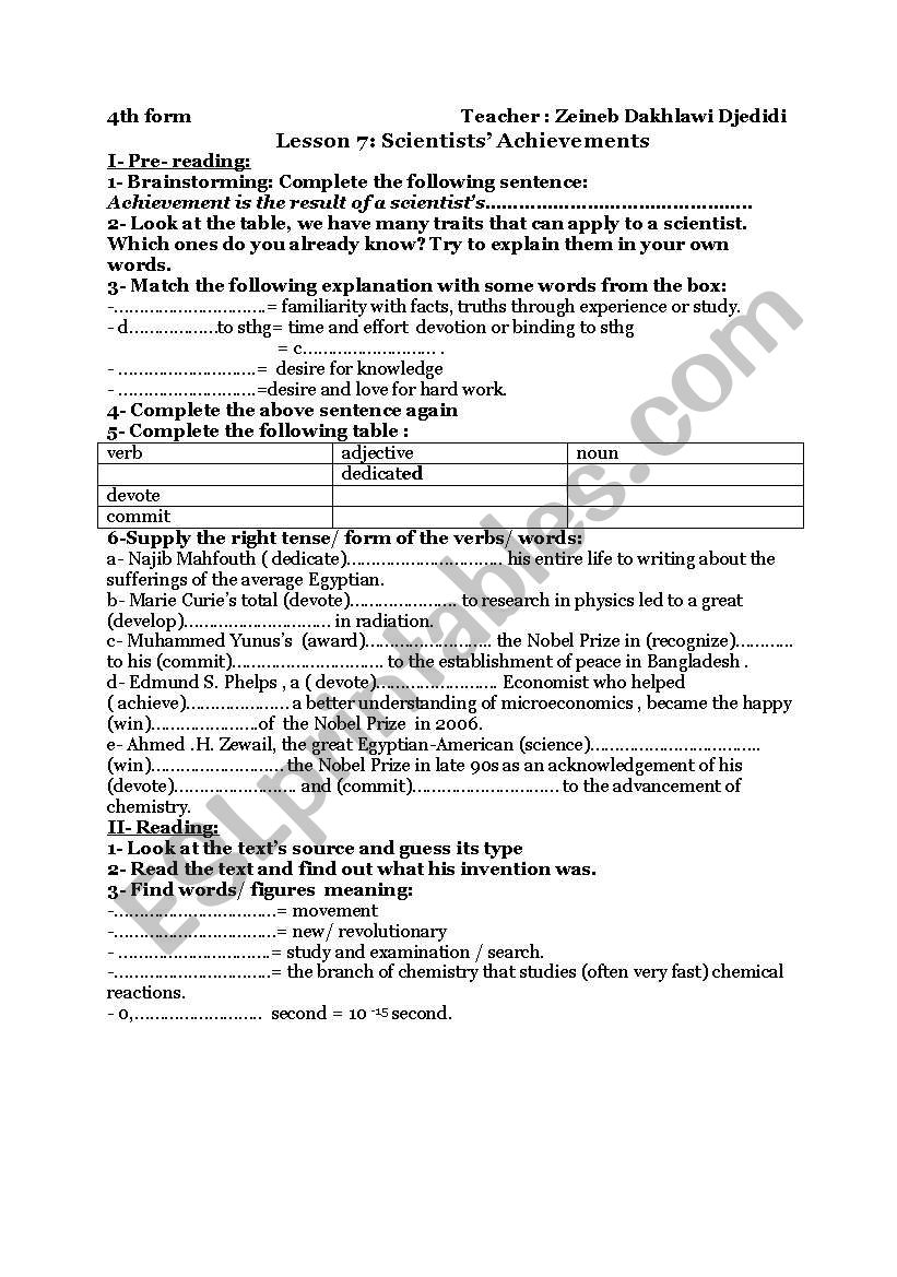 Scientists´ achievements - lesson 7 - 4th form - ESL worksheet by jedzed