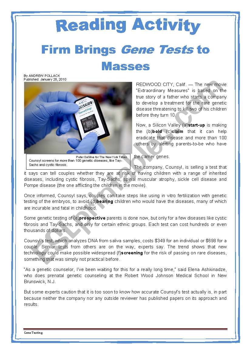 Gene Tests - Reading Activity + ANSWERS