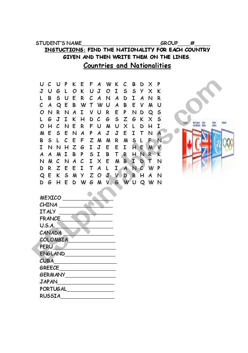 COUNTRIES AND NATIONALITIES worksheet