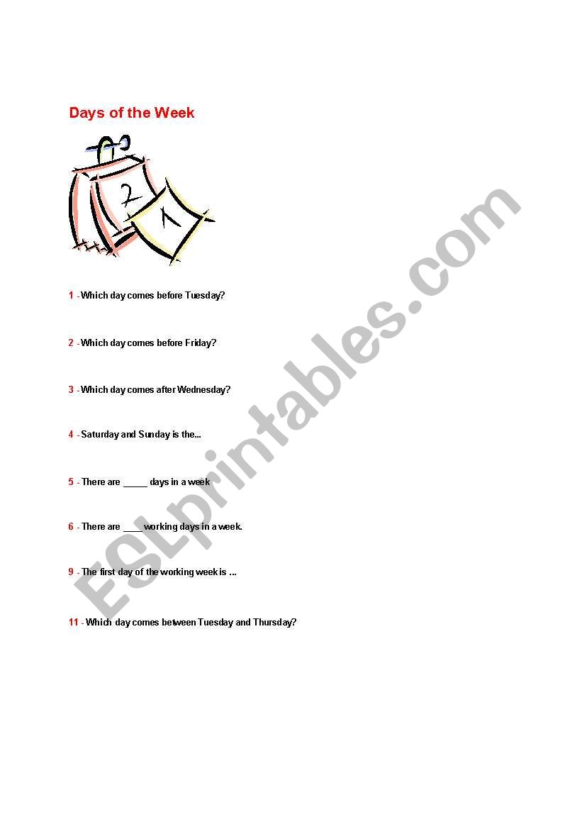 Days of the week  worksheet