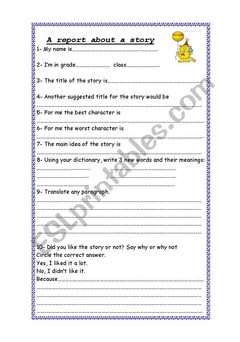 A report about a story worksheet
