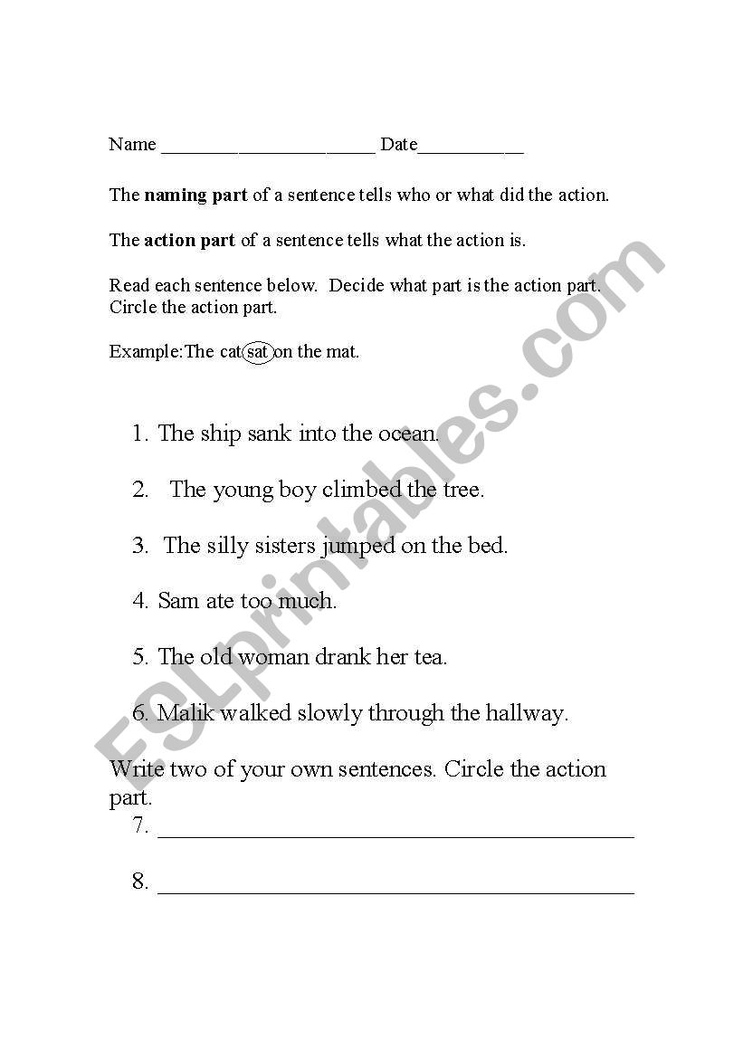 English Worksheets Recognizing The Action In A Sentence