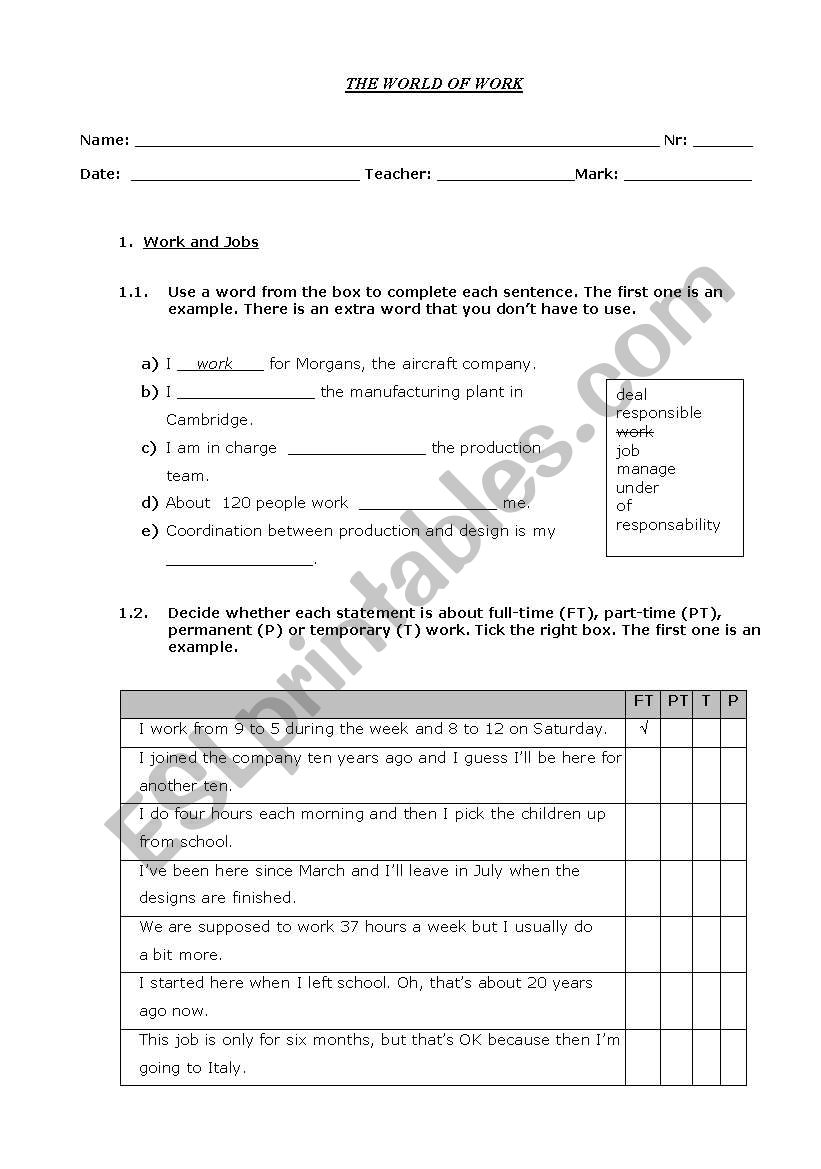 Work worksheet