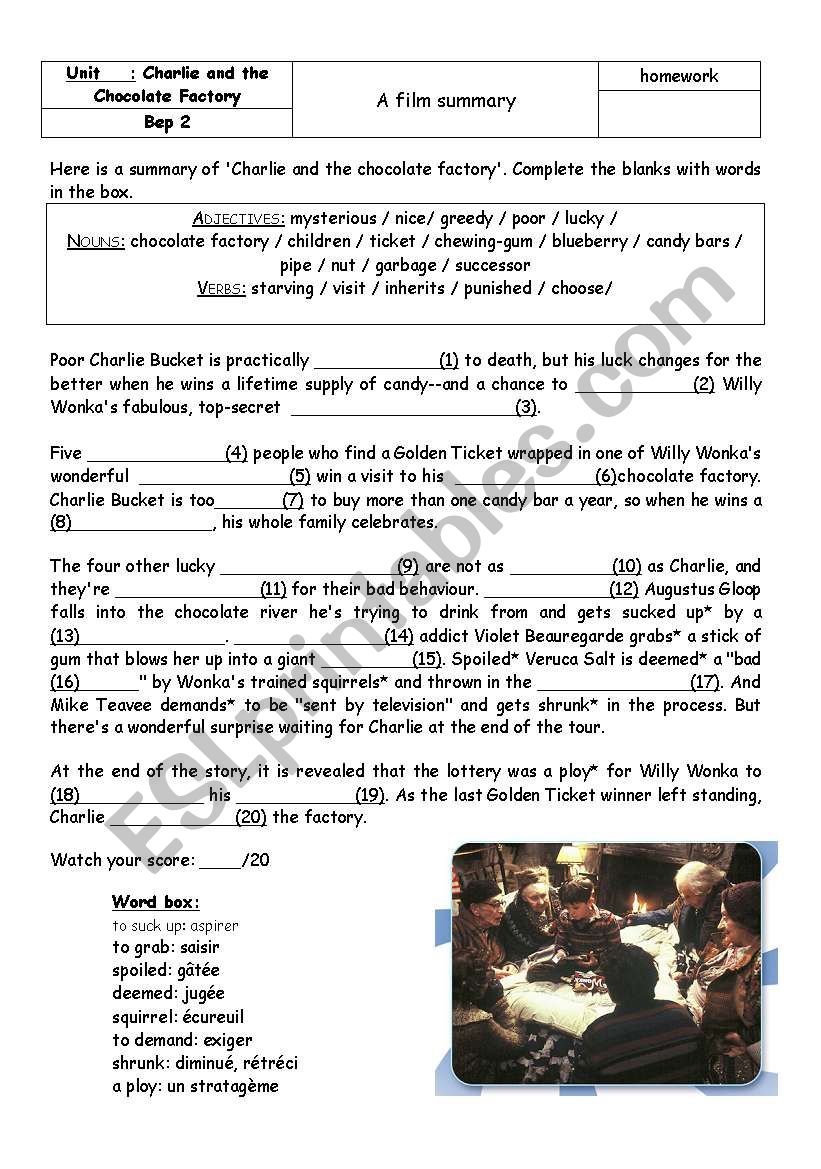 Charlie and the chocolate factory - summary - worksheet