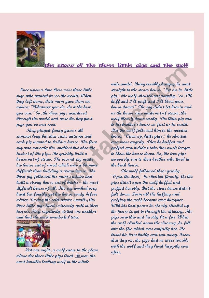 A reading passage and questions on the tale of the three little pigs and the wolf