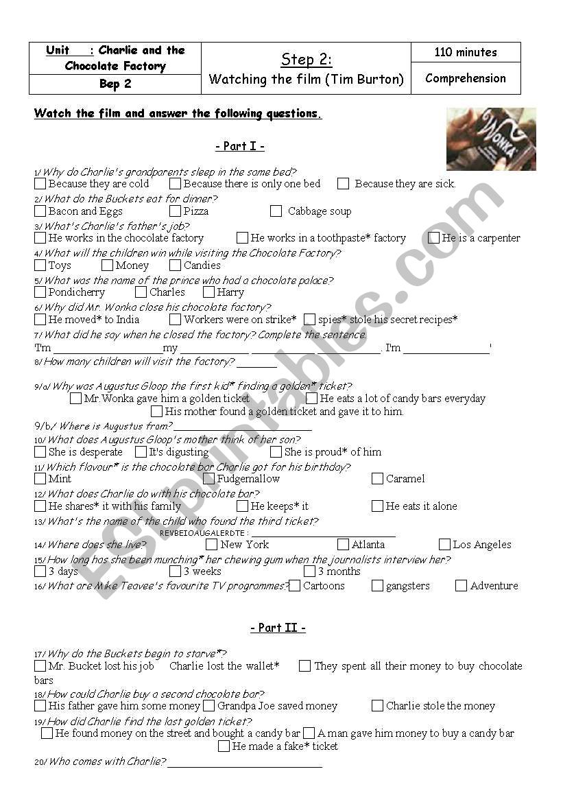 Charlie and the Chocolate factory - General comprehension - film - worksheet