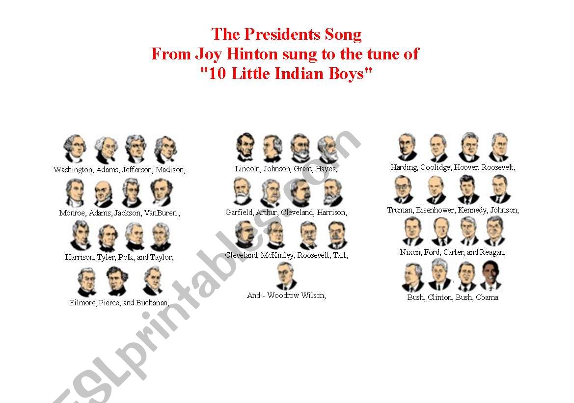 U.S.A, Presidents Song worksheet