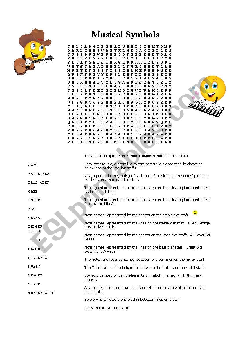 Music Symbols Word Search worksheet