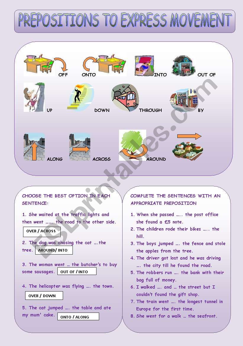 Prepositions of movement worksheet