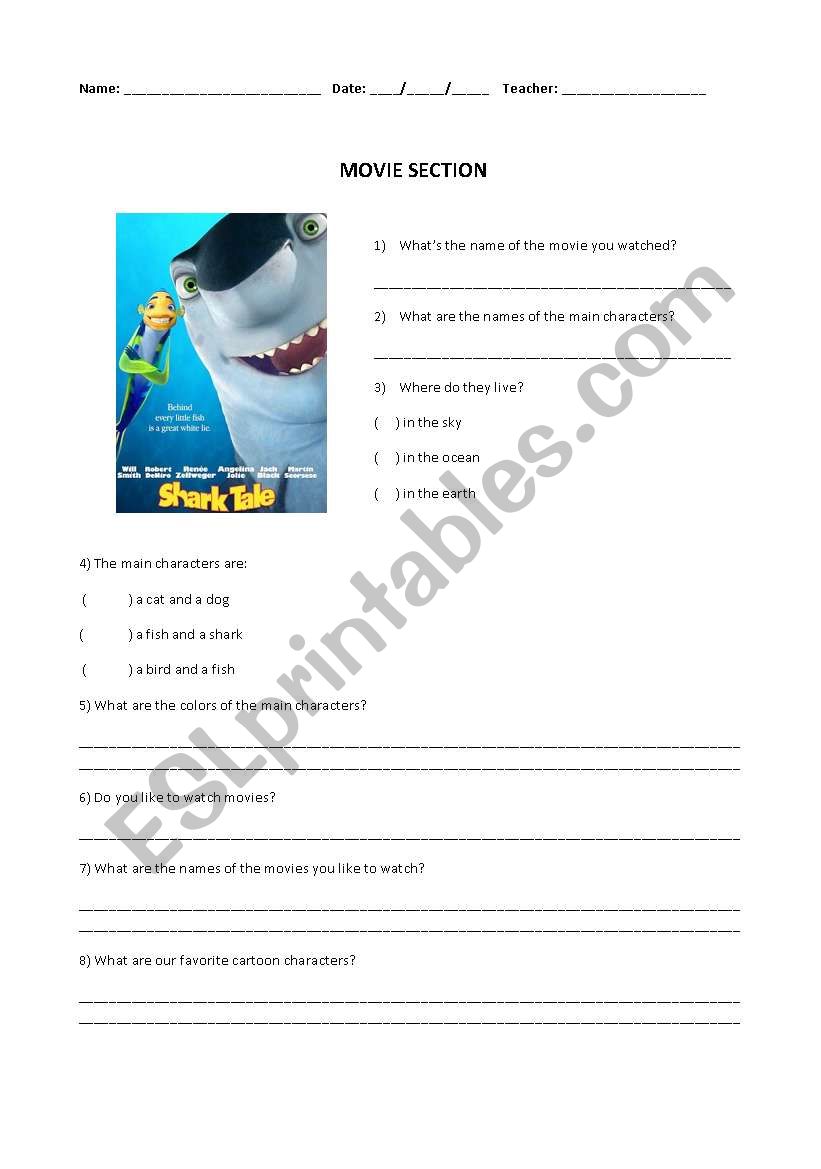 Movie Section - Shark Tales worksheet